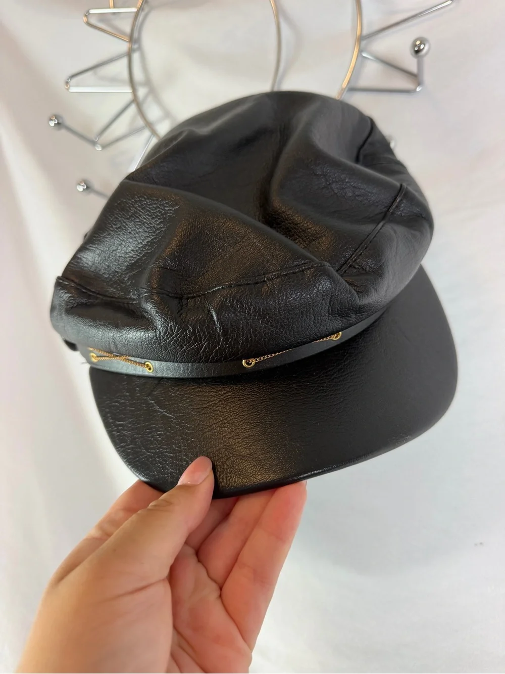 Black Faux Leather Baker Boy Cap with Gold Chain Trim